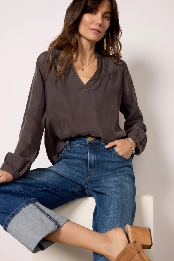 Long Sleeve Shirred Blouse